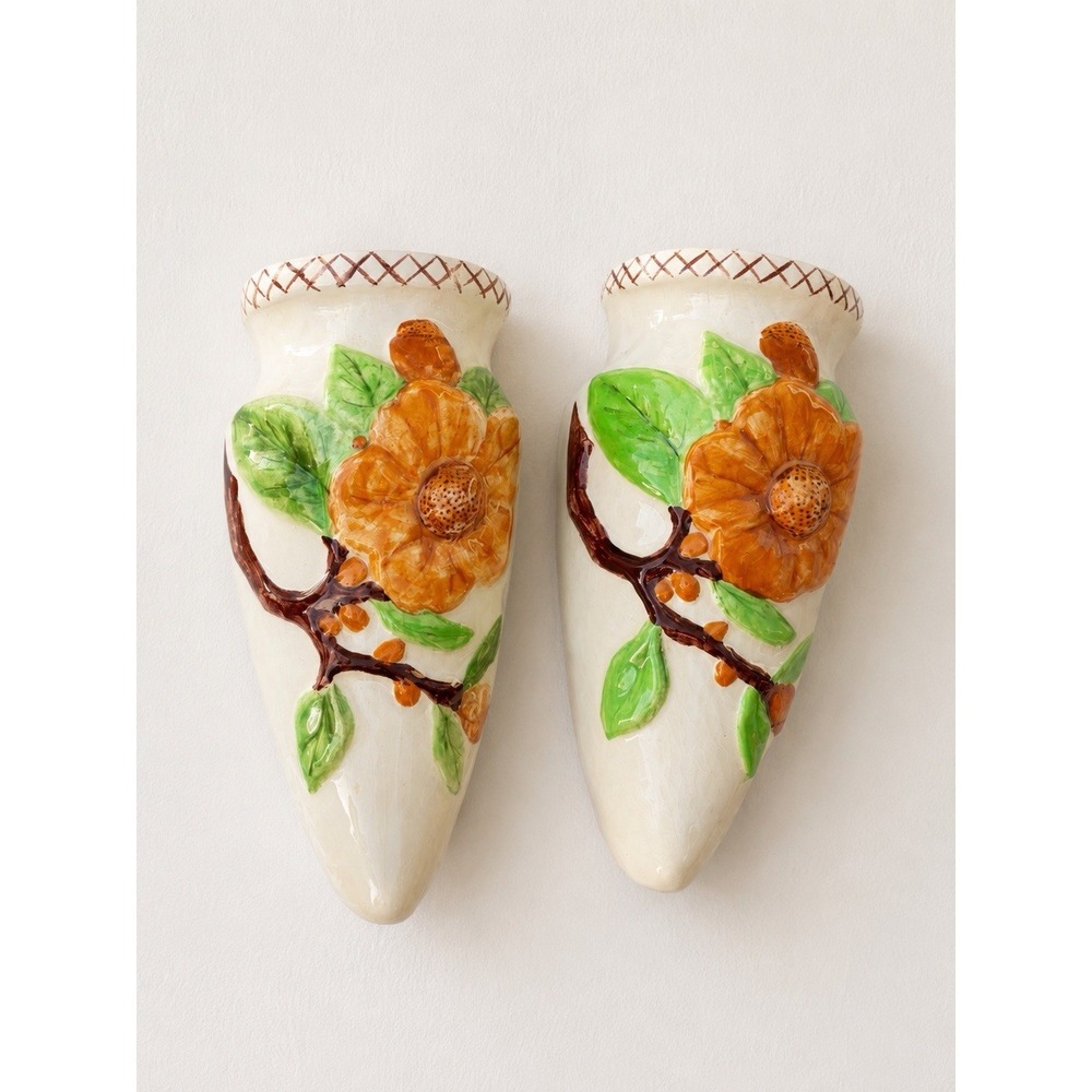 Vintage Ceramic Pocket Wall Vase Flowers Yellow Bright Japan 70's Boho